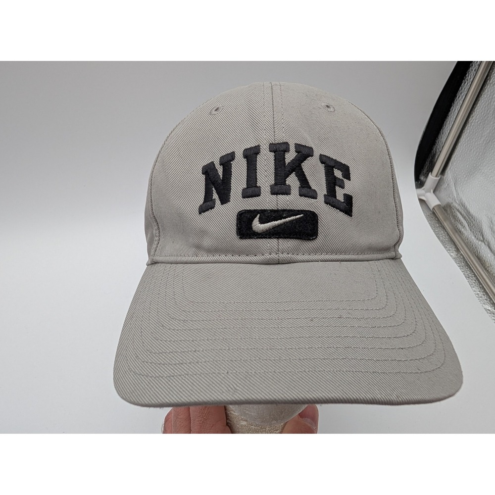 VTG Nike Spellout Swoosh Baseball Cap Tan Black Adjustable Strap Hat Y2K